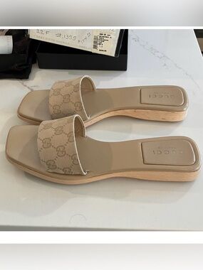 Gucci Beige Monogram Slide Sandals 9.5